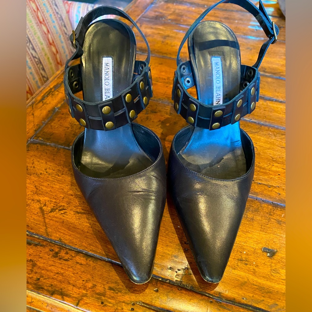 Black leather studded Manolo Blahnik sling back pumps